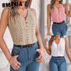 Spring and Summer Button V-neck Cutout Sleeveless Top, Vacation Knitted Sweater for Women