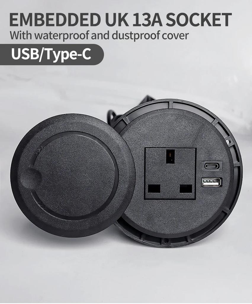Настольная розетка Многофункциональная розетка UK с вилкой USB Type-C для утопленного рабочего стола, круглая розетка