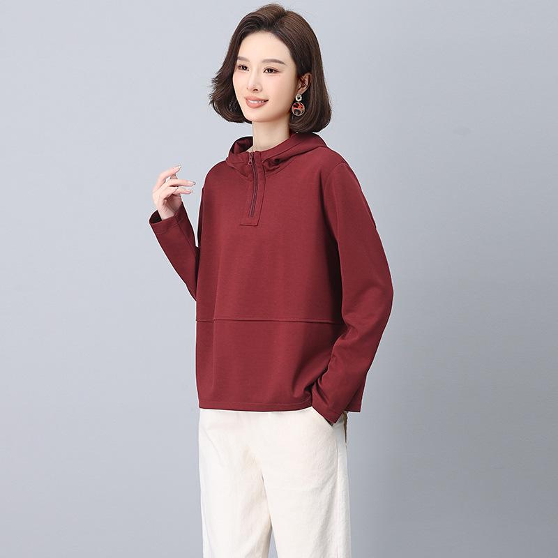 Trendy Hooded Sweatshirt for Middle-Aged Women - Spring/Autumn Patchwork Loose Fit, Plus Size, Long-Sleeve Top