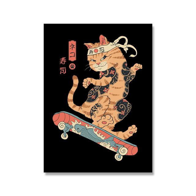 Японский самурайский кот, настенное искусство Неко Рамен, холст, картина, мультяшный постер с животными, фотографии, украшение для дома, ресторана, бара, Куадрос