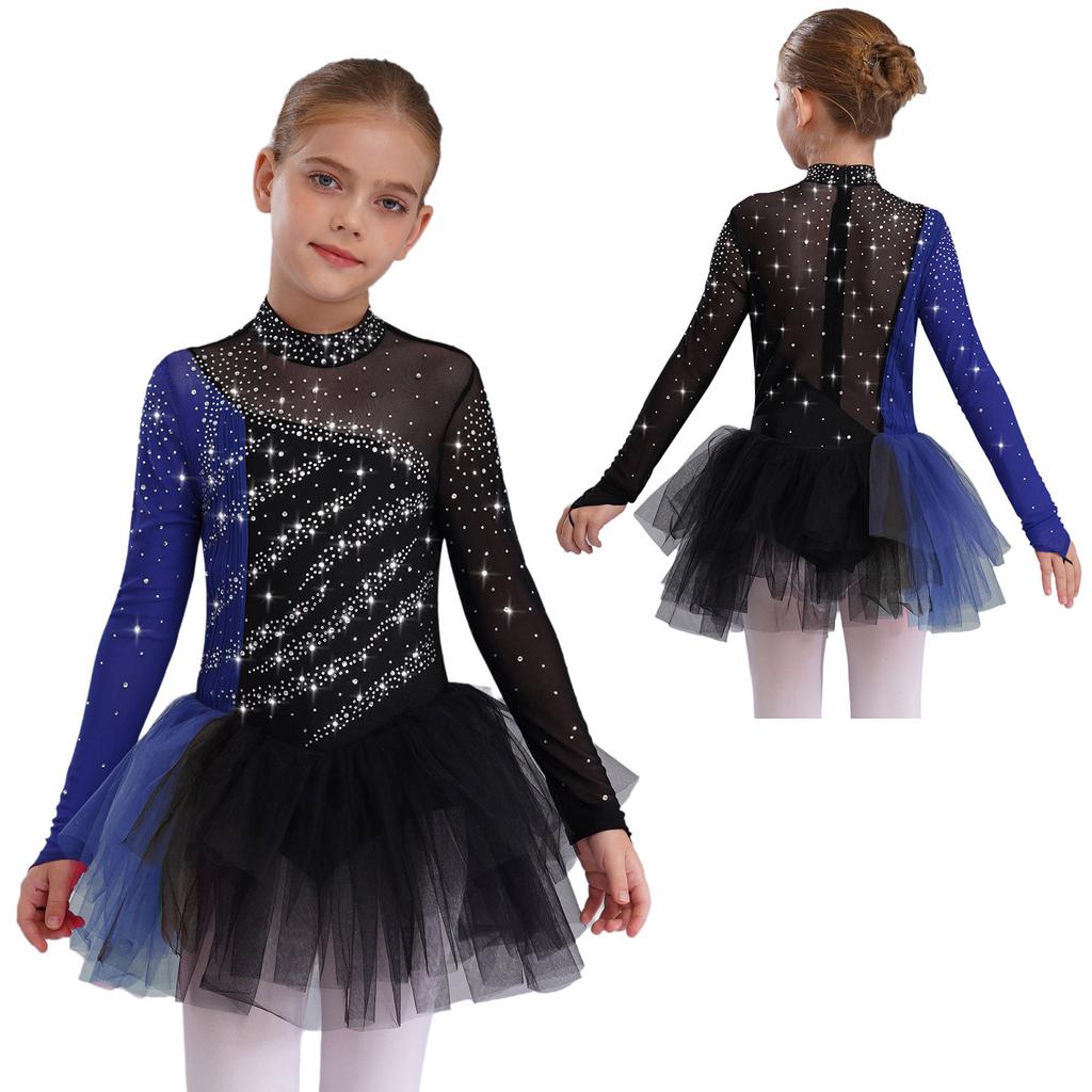 Kids Dance Costume Long Sleeve Color Block Patchwork Dress with Sparkling Rhinestones for Performance