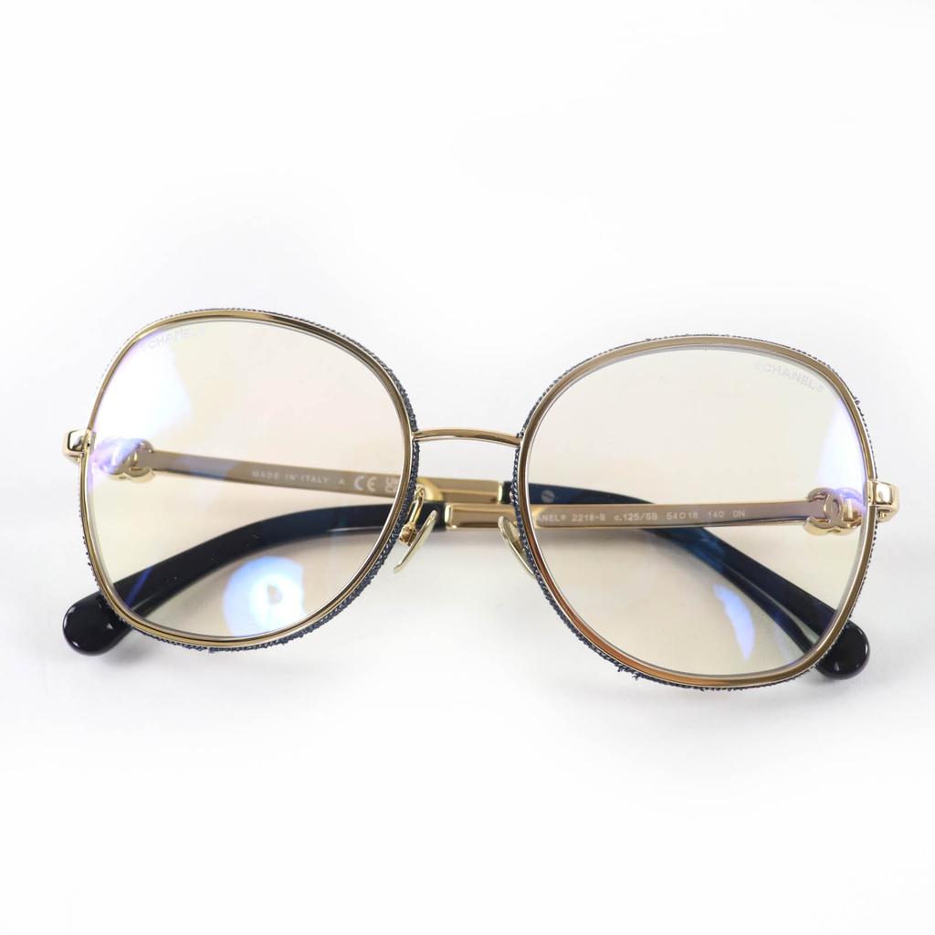 Pristine CHANEL Glasses COCO Mark Round Shape Denim gold Women 2218-S Used