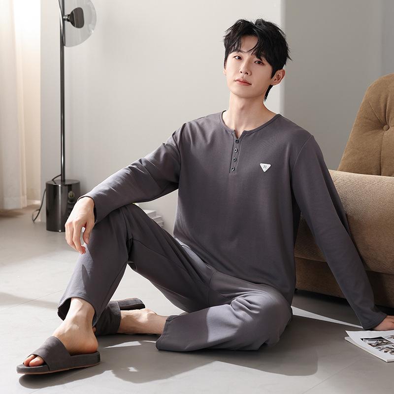 Pajamas Men'S Pure Cotton Long-Sleeved Spring And Autumn Casual Pullover High-End Simple Loungewear Large-Size Set