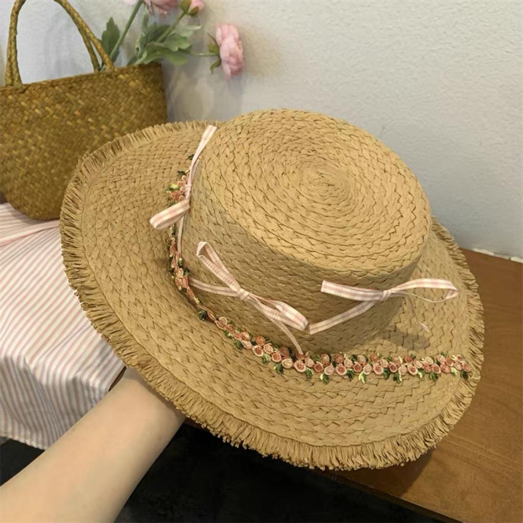French bow flower flat top straw hat women's summer seaside beach vacation big brim sunshade sun hat