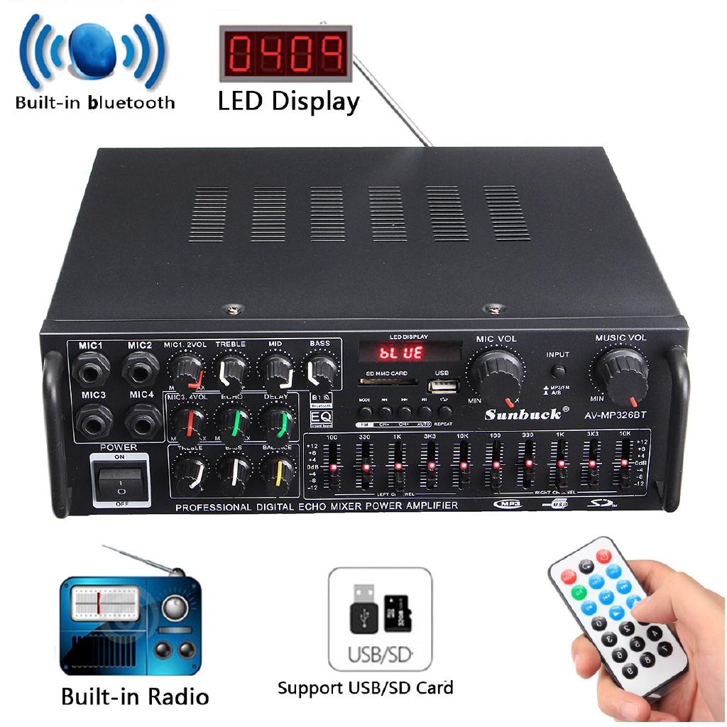 2000W 326BT 12V/110V Bluetooth 2.0 Channel Audio Power HiFi Amplifier Stereo AV Amp Speaker Support 4 Microphone with Remote