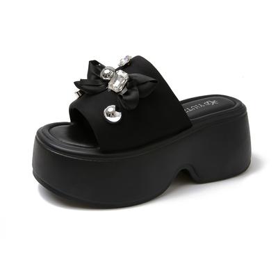 Модные женские кристальные шлепанцы на платформе с цветком 8 см, босоножки с бантом на танкетке и высоком каблуке, летние кристальные пляжные шлепанцы, удобная женская обувь