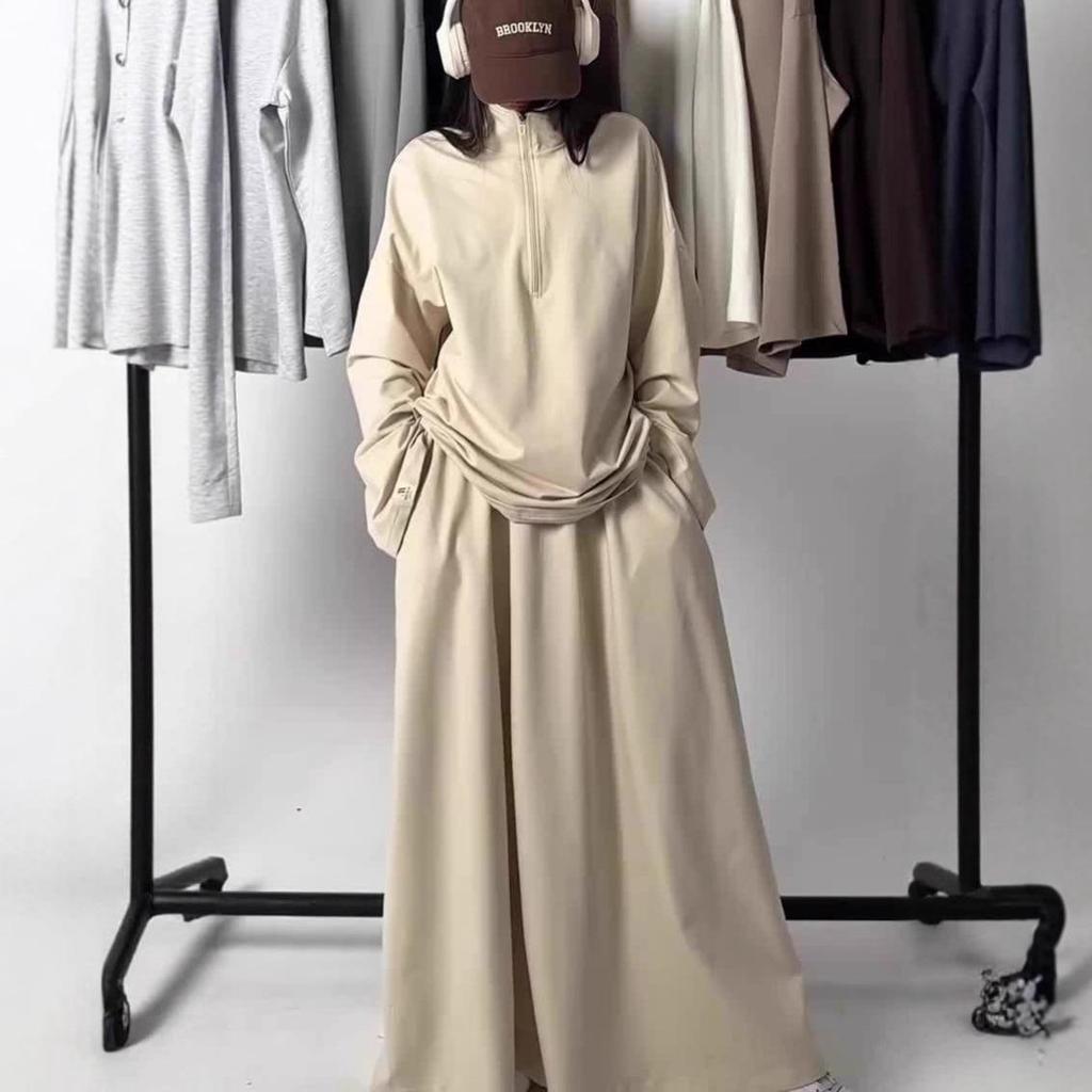 2025 Women's Casual Loose Drapey Half-Zip Top & Skirt Two-Piece Set