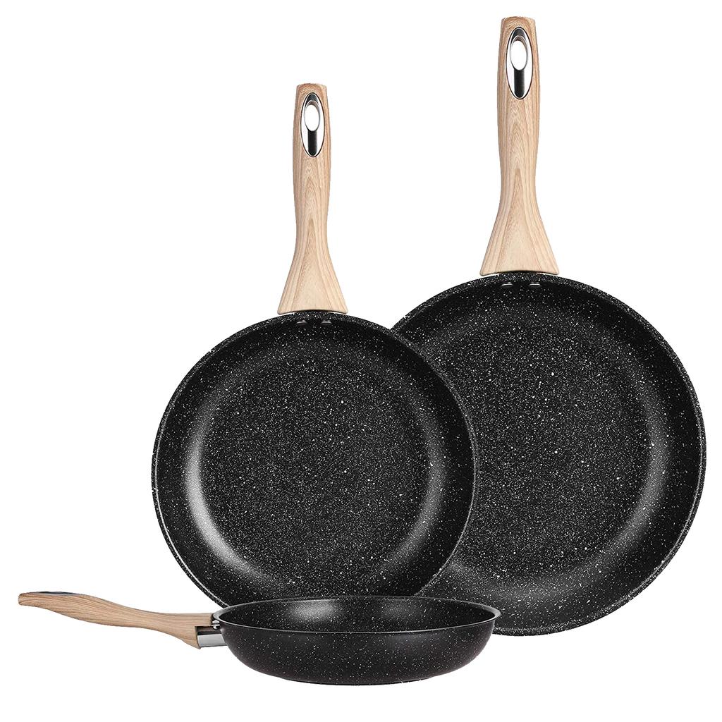 3-piece non-stick frying pan set 8 10.2 12 inch stainless steel cookware with ergonomic wooden handle for induction gas infrared cookers