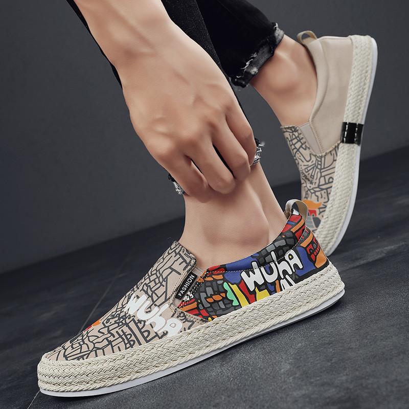 Мода 2022 Черные Летние Слипоны с Принтом Мужские Холщовые Туфли Дышащие Платформа Плоская Подошва Для Мужчин Комфортные Мужские Лоферы Повседневные
