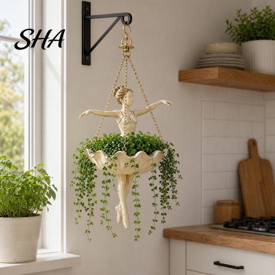 Retro Distressed Planter Ballet Dancer Hanging Planter, Cute Resin Ballerina Plant Pot, Elegant Balcony Railing Artistic Holder for Trailing