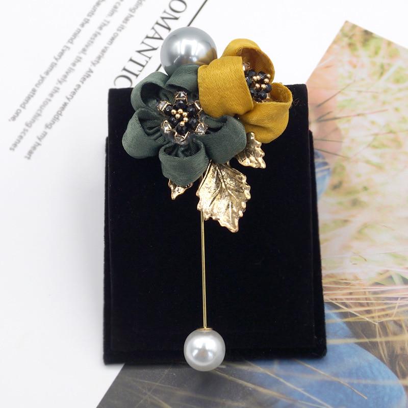 Women Cloth Art Pearl Fabric Flower Brooch Cardigan Shirt Shawl Pin Coat Badge Jewelry Accessories