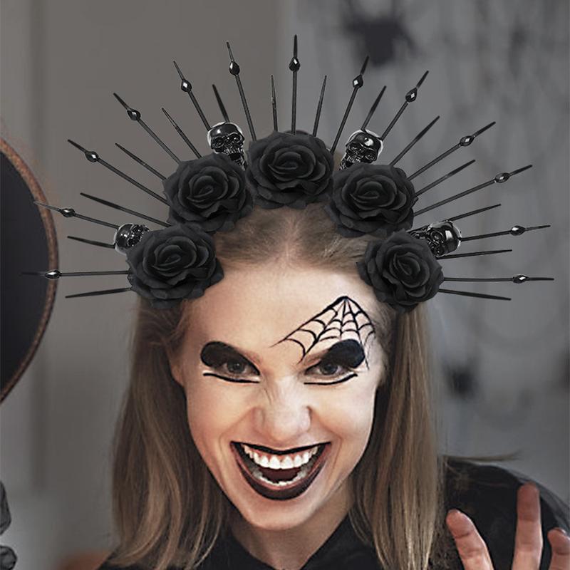 Готическая повязка на голову с цветком на Хэллоуин, повязка на голову с черепом, готическая королева, аксессуары для волос, костюм для косплея, аксессуары для одежды