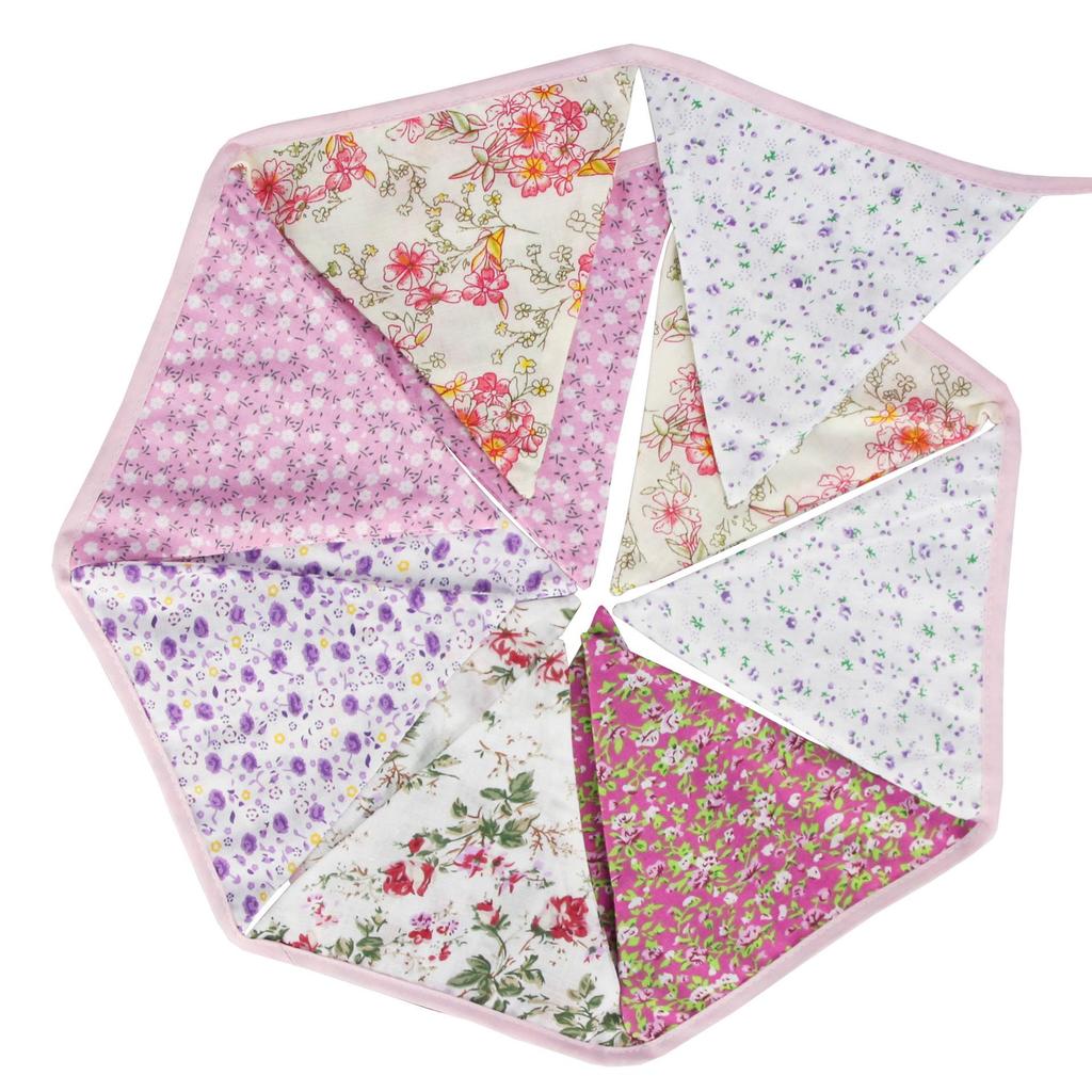 Pink Pastoral Floral Cotton Bunting: Children's Party or Wedding Decoration Hanging Flag
