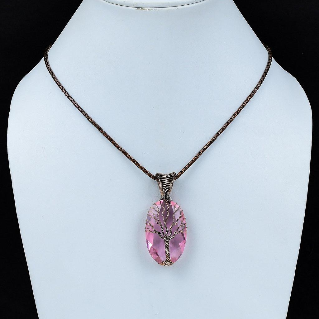 Древо Жизни Розовый Кунзит Драгоценный Камень Медная Проволока Обернуть Ювелирные Изделия Кулон Ручной Работы Для Женщин