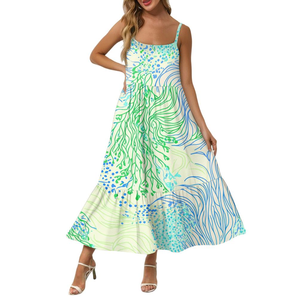 Women's Long Beach Casual Elegant Spaghetti Strap Maxi Dress Stitching Low-key Flowing Bohemian Dress
