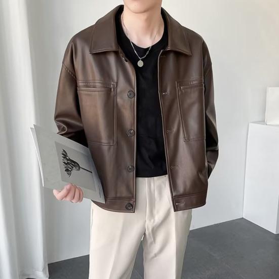 Мужская куртка с лацканами, длинными рукавами, карманами-клапанами, однобортная куртка, пальто, однотонная, свободная, водонепроницаемая, теплая, из искусственной кожи