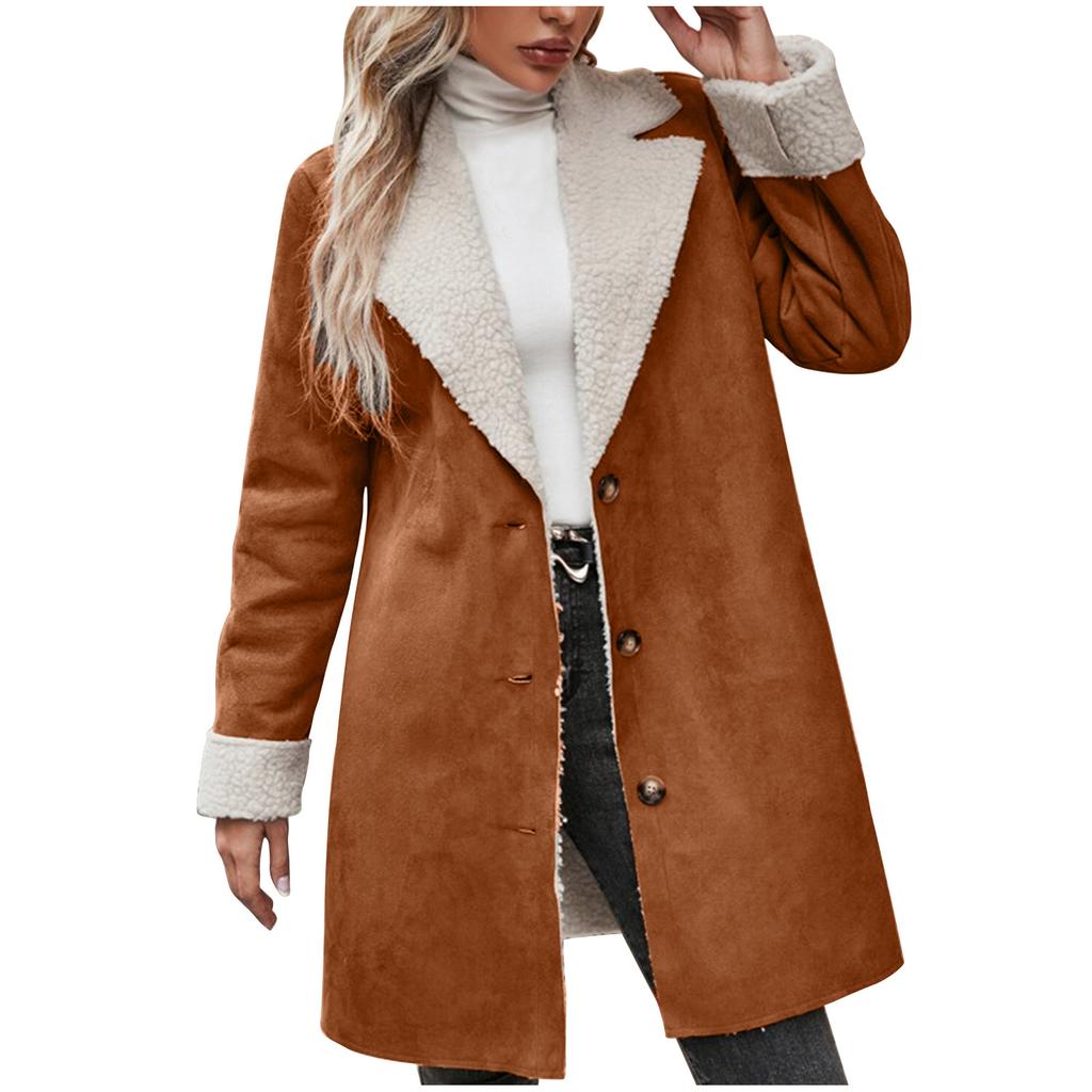 Ladies' Fashionable Long Sleeved Lapel Thickened Warm Plush Solid Color Jacket