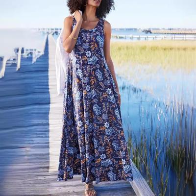 Летнее платье Элегантное Длинное Круглый вырез Без рукавов А-силуэт Цветочный принт Повседневные платья