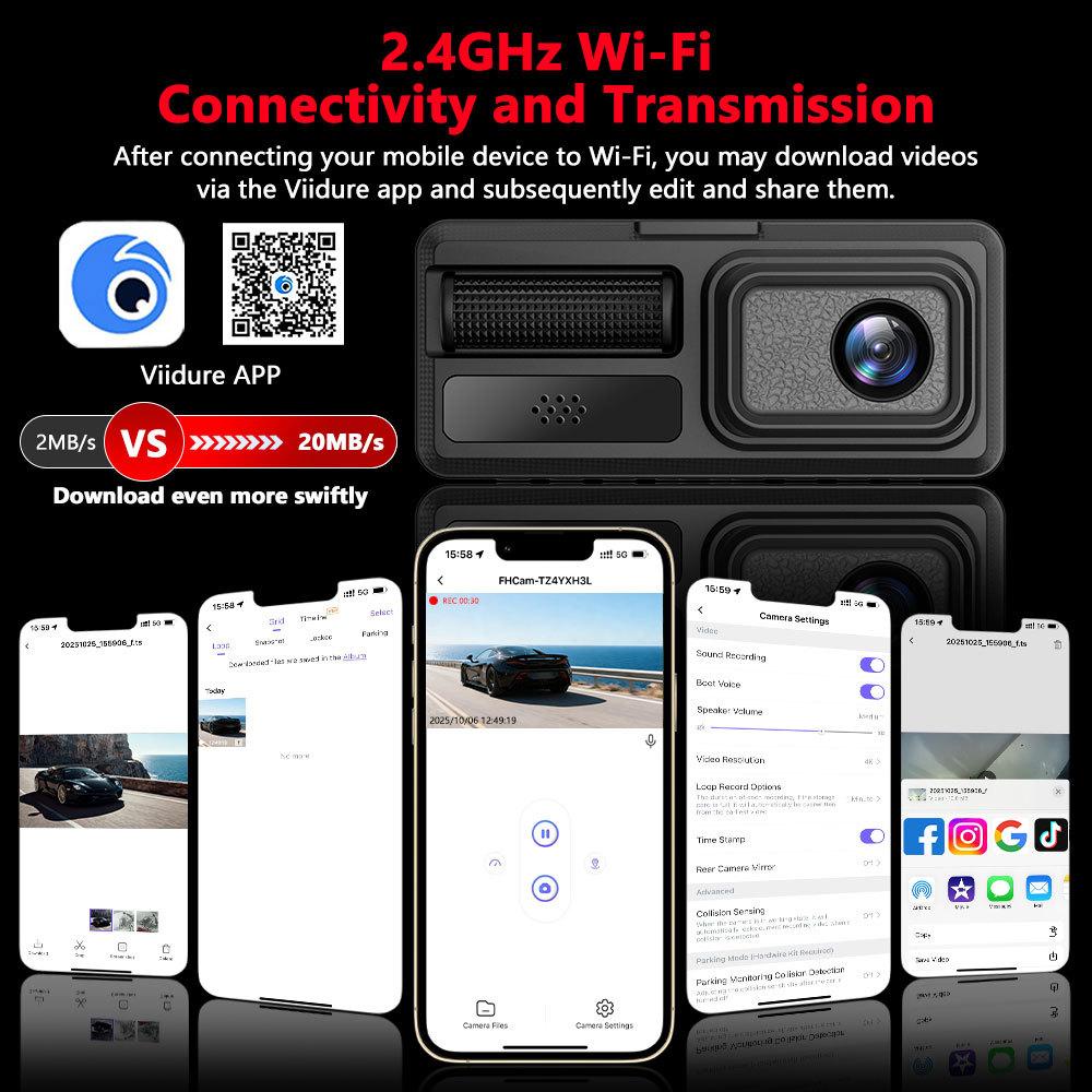 3-Lens Dash Cam, 3-Channel Recording, WiFi, HD, Phone Sync