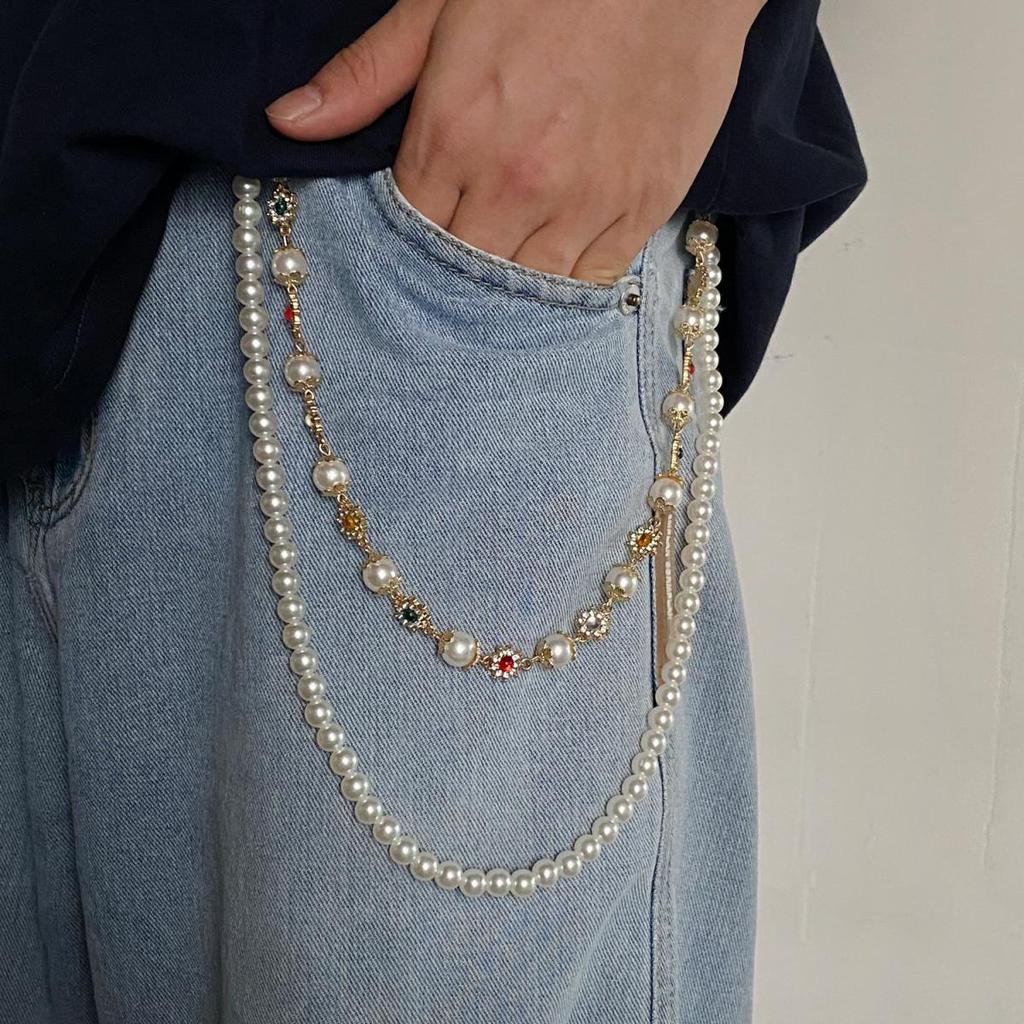 Punk Colorful Zircon Cross Pendant Pants Chain for Women Men Gothic Multi Layer Imitation Pearl Chain Waist Chain Jeans Jewelry