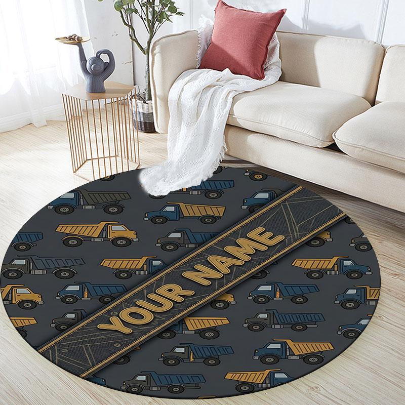 Custom Name,Truck Ribbon Label Doodle Series pattern round rug,Carpet Rug for Living Room Bedroom Playroom ,Non-slip Floor Mat,Holiday Gifts and Birth