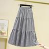 Qooth Women Elastic Waist Printed A-line Plaid Skirt Elegant Vintage High Waist Long Skirt For Spring Summer QT2210