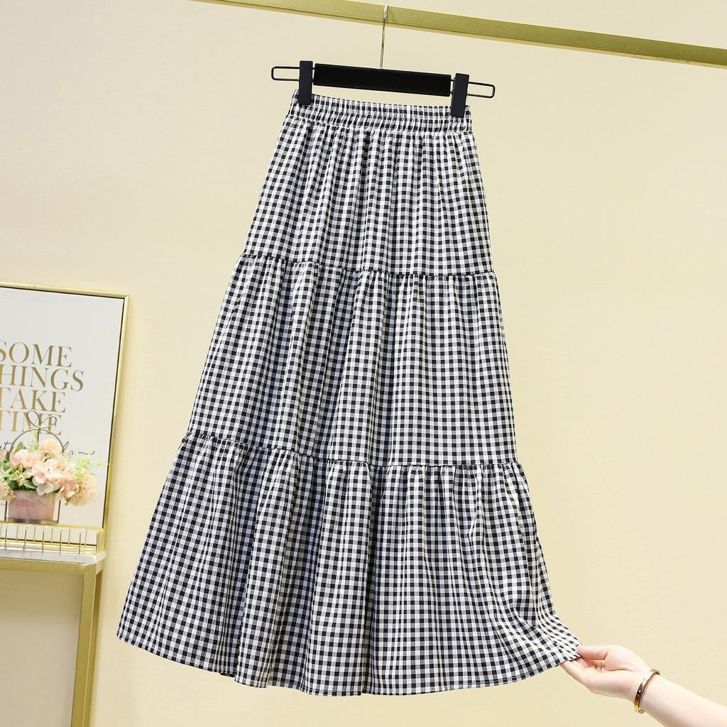 Qooth Women Elastic Waist Printed A-line Plaid Skirt Elegant Vintage High Waist Long Skirt For Spring Summer QT2210
