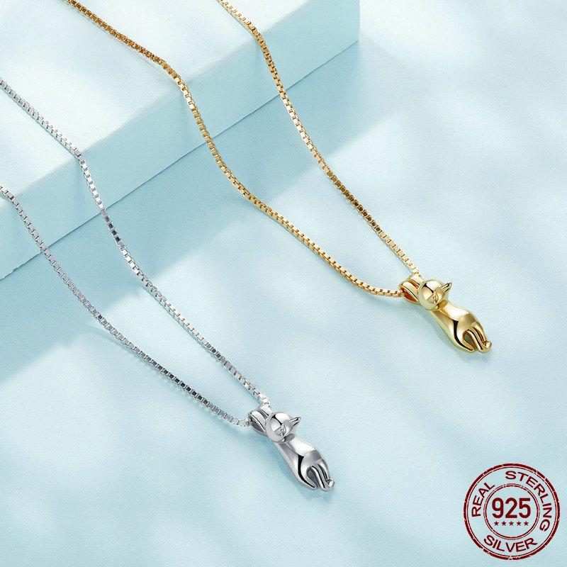 Твердое серебро 925 пробы с милым животным, ожерелье для женщин, позолоченное 14-каратное золото, кулон с изображением кота, ювелирное изделие для ее подарка на день рождения