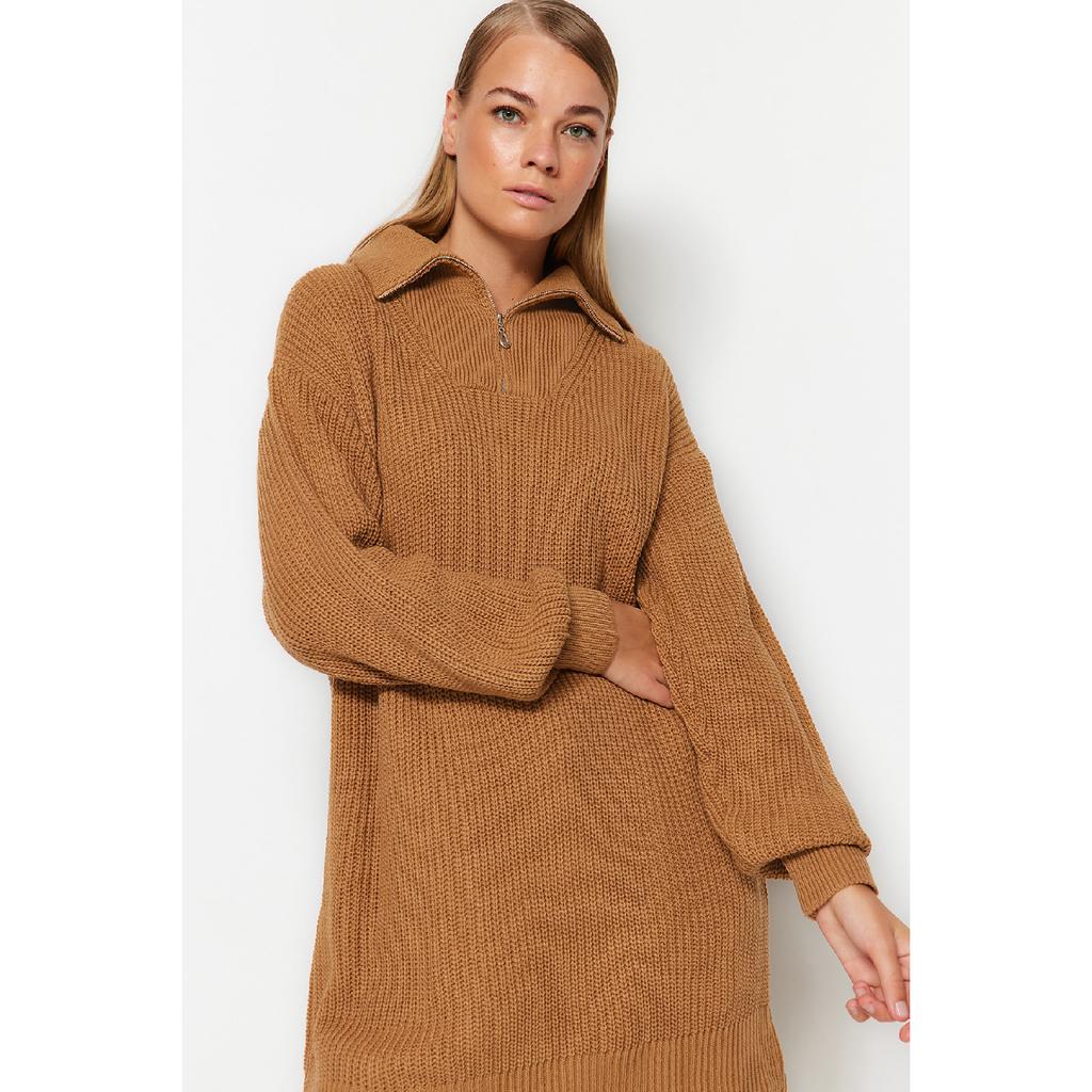 Верблюжий вязаный свитер с застежкой-молнией Tctaw24ak00137