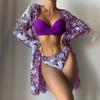 3 Set Piece Womens Swimwear Bikini Mesh Split Floral Swimwear Bikini European Style Sexy Backless Push Up Swimsuit Beach Bathing Suits