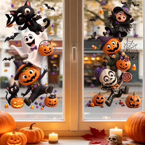 Easy Apply Home Decor Stickers Halloween Window Clings,PVC Waterproof Static Decals, Removable Festive Wall Stickers, Flexible Coverings Animals/Ghost