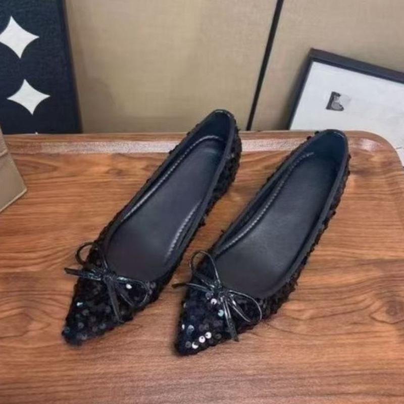 Мода Внутренне Увеличенные Одиночные Туфли Женская Мода Острый Носок Мелкий Вырез Блестки Бант Мягкая Подошва Нескользящие Износостойкие Балетки