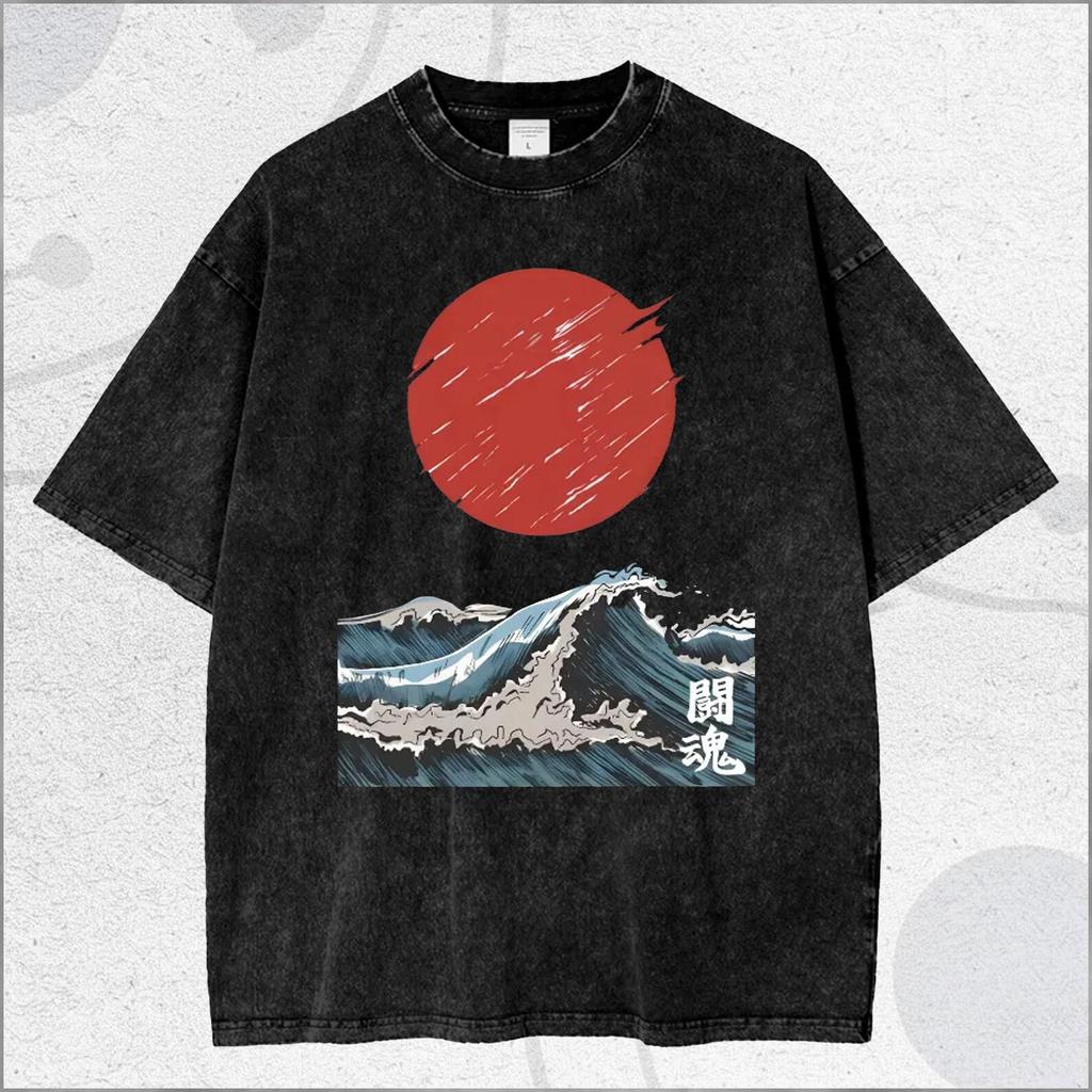 Vintage Washed Japanese Wave Sun T Shirt, Red Sun Ocean Art Tee, Minimal Ukiyo Style Unisex Shirt