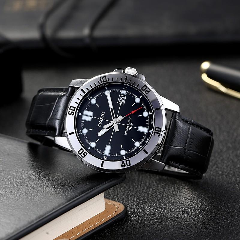 Casio Серия STANDARD Водонепроницаемые Бизнес-часы Кварцевый механизм Кожаный ремешок Японские и Корейские Часы Мужские Часы Черный циферблат MTP-VD01L-1EVUDF