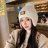 New Hat Women'S Fashion Leather Label Knitted Wool Hat Winter Warm Student Ear Hat Thick