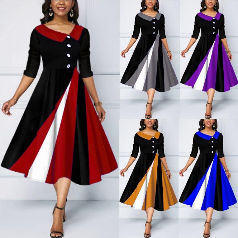 Retro A-Line Midi Dress with Skew Collar and Half Sleeves - All-Season Easy Care Polyester