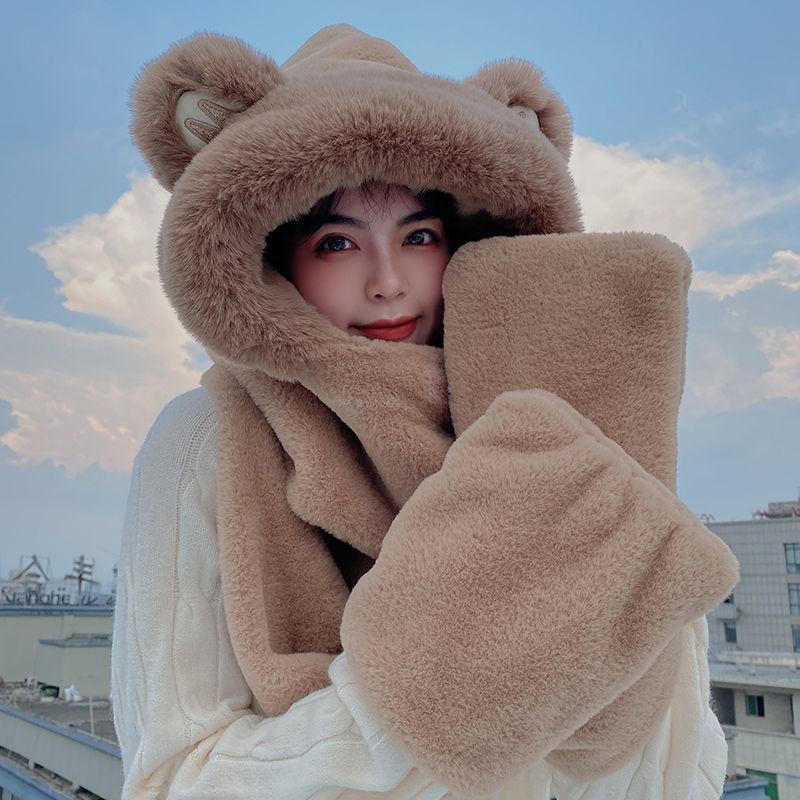 Bear Hat Scarf One-piece Female Cute All-match Winter Thickening Warm Plush One-piece Hat