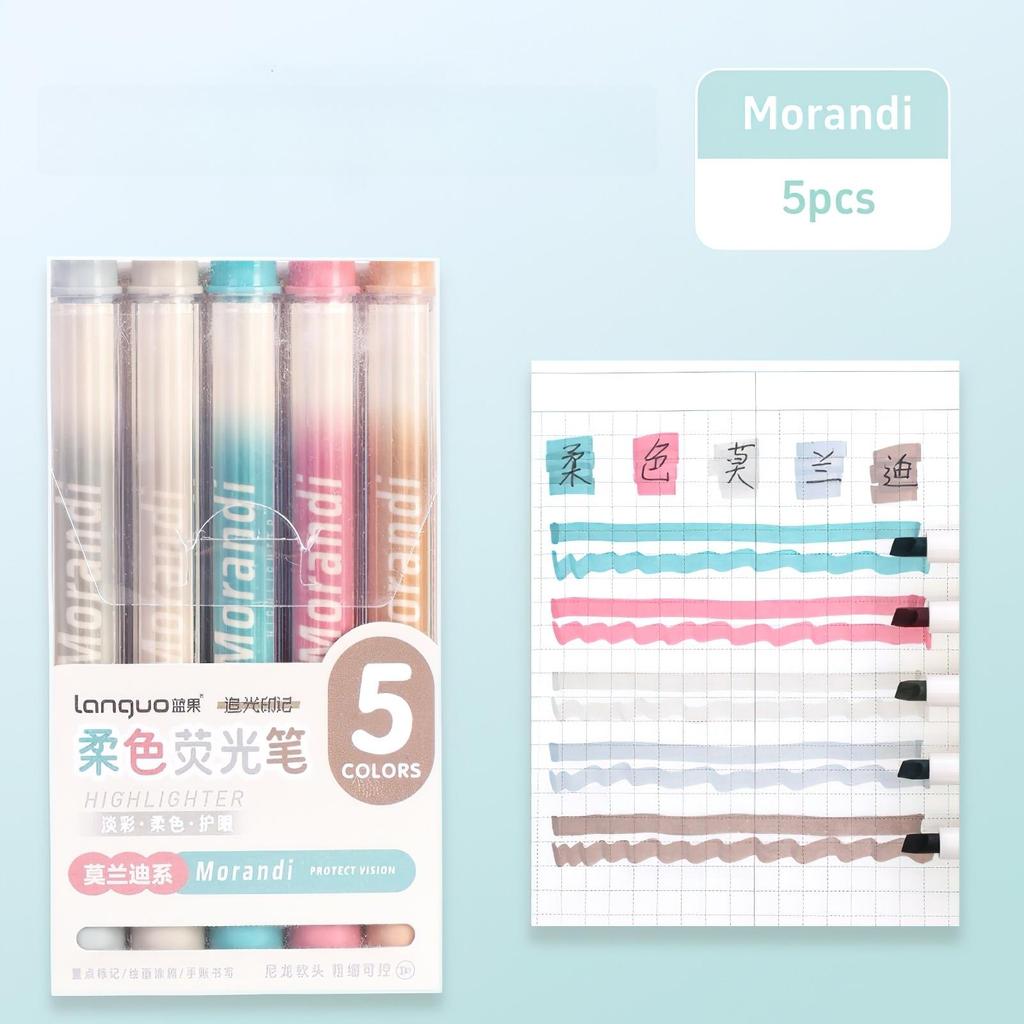 5pcs Mild Colors Highlighter Pens Set, Morandi Protect Vision Soft Chisel Brush Tip - Hued & Sparkling Fluorescent Markers