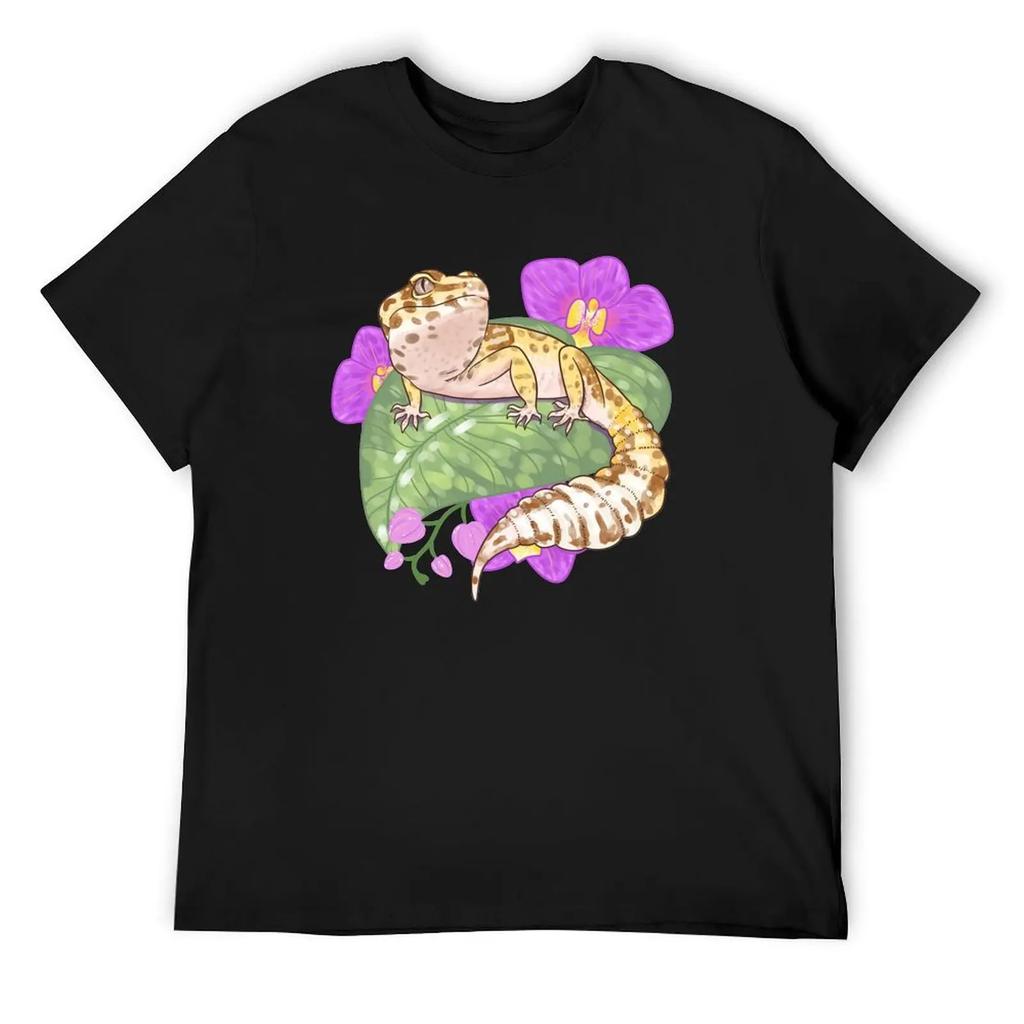 Leopard Gecko With Orchids T-Shirt Vintage Customs Design Your Own Blacks Blue Archive Black T Shirts For Men