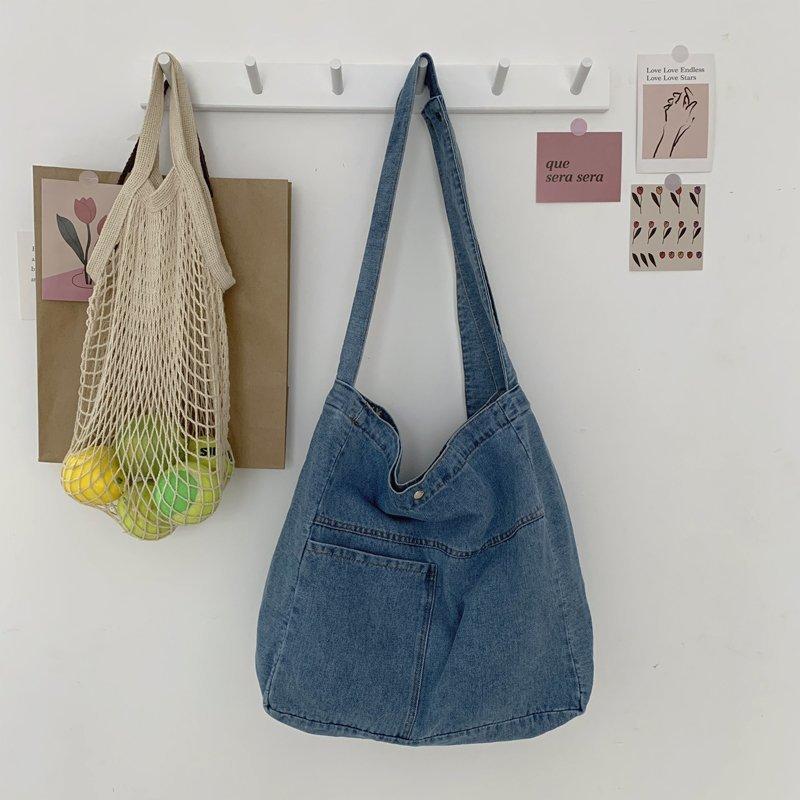 Сумка из мытой джинсовой сумки, большая вместительная сумка через плечо, студенческая большая сумка, женская простая сумка через плечо