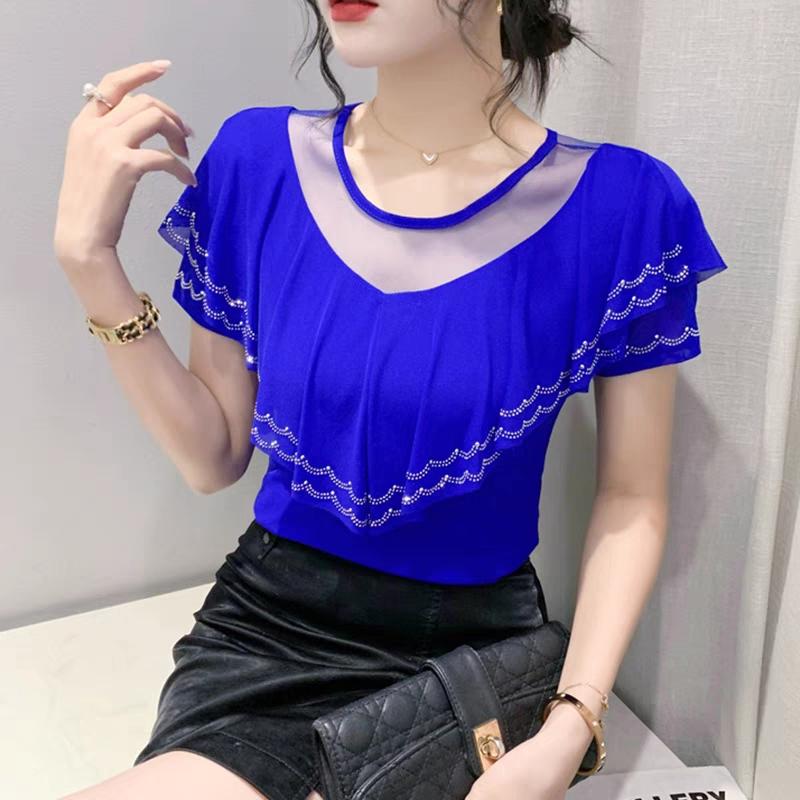 Новая Шикарная Летняя Элегантная Женская Футболка Одежда Сексуальная Роскошная Блестящая с Бриллиантами Топы с Короткими Рукавами Рюши Сетка Футболки Блузки