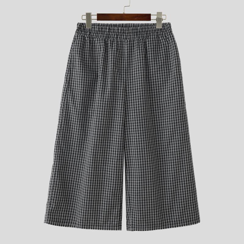 INCERUN Мужские эластичные брюки-капри с широкими штанинами, повседневные, свободного кроя, с клетчатым принтом