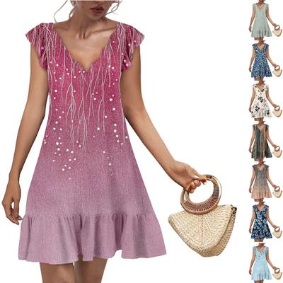 Женское модное повседневное платье с V-образным вырезом и волнистым краем с цветочным принтом и коротким рукавом