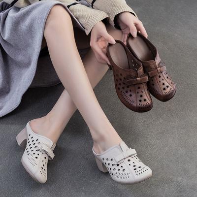 Модные GKTINOO 2025 Лето Новые Ретро Средний каблук Уличные Шлепанцы Натуральная кожа Удобные Дышащие Универсальные Женские Туфли