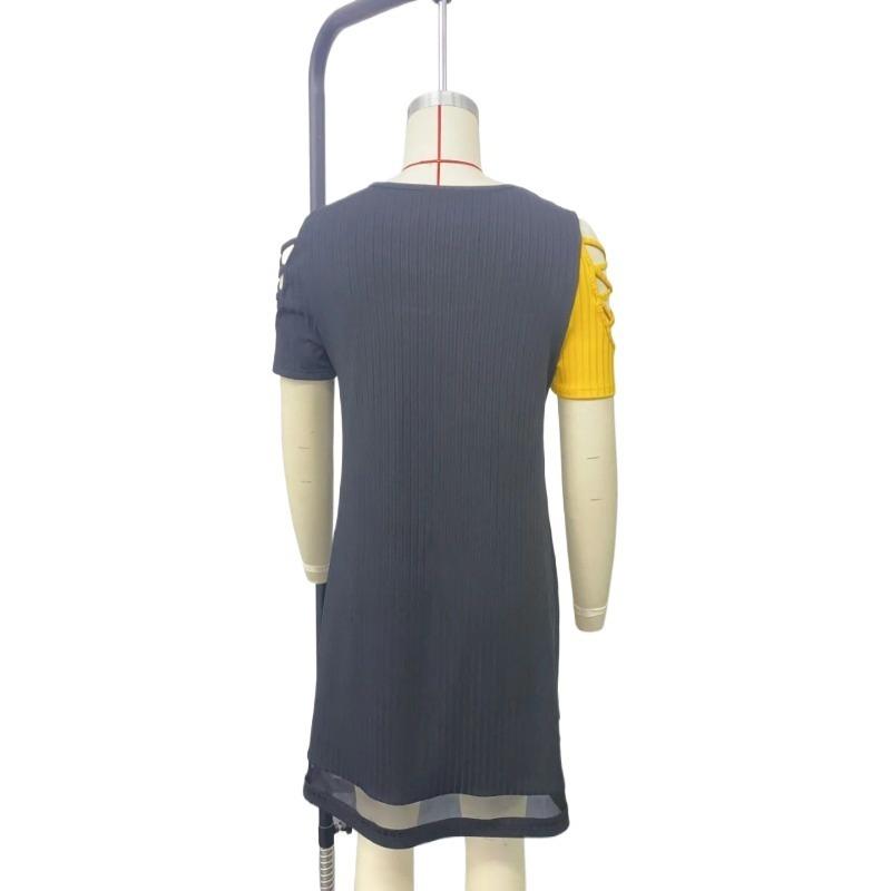 GMXIA Women's Spring, Summer and Autumn Temperament Colour Splicing Hollow Mesh Clashing Colour Splicing Dress Midi Dresses