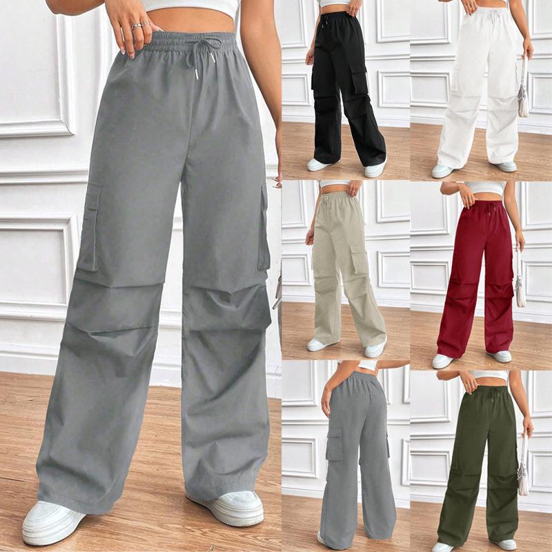 2025 Spring/Fall Elastic Waist Drawstring High-Waist Cargo Pants for Women—Loose Fit, Flap Pockets, Commuter Style.