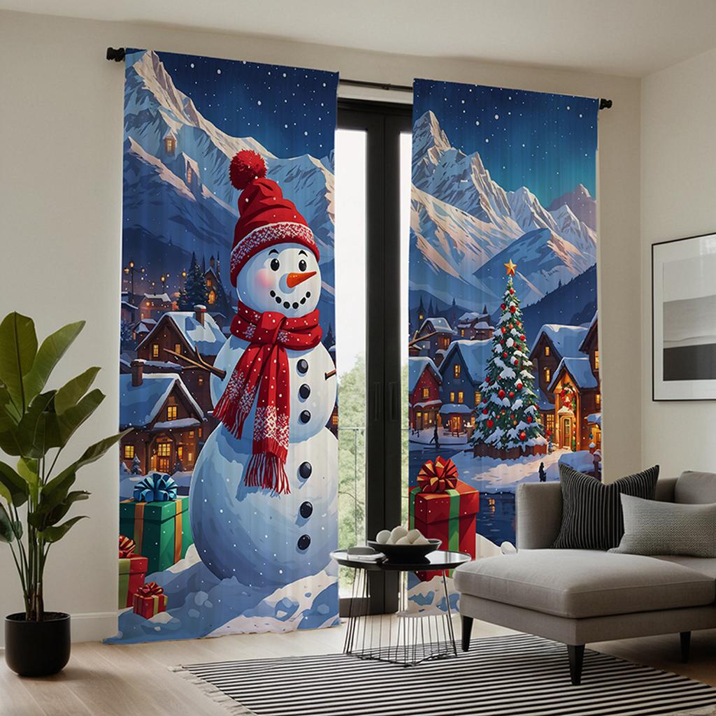 2 шт. HD Рождественская снежная горная сельская декоративная занавеска со снеговиком Синяя занавеска с цифровой печатью в стиле домашнего декора