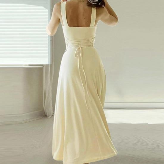 Летнее платье миди с квадратным вырезом, без рукавов, струящееся подол, с открытой спиной, однотонное, с высокой талией, платье миди для свиданий, выпускного вечера, вечеринки