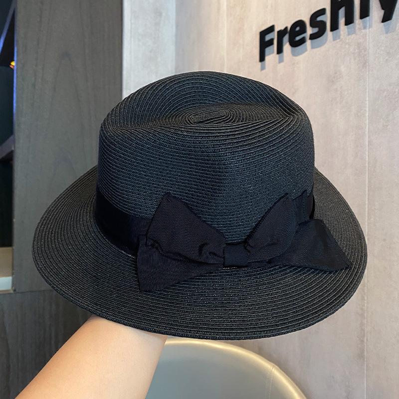 French flat-top seaside vacation straw hat women's spring summer big brim sun hat elegant bow decorative sun hat