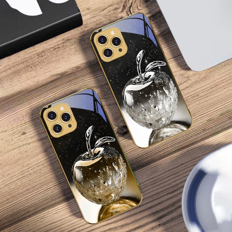Прозрачный хрустальный чехол-яблоко для iPhone 16 Pro Max 15 P Ro 14 13 Plus 12 Mini 11Pro Max XS Max XR Золотой чехол для телефона из закаленного стекла